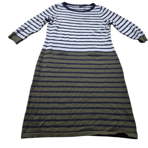 Talbots Dresses & Skirts - Talbots Sweater Dress Women's Medium Wool Blend Olive Gray Striped Midi 3/4 Slv